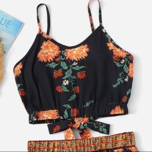 Floral print knot back cami top with shorts